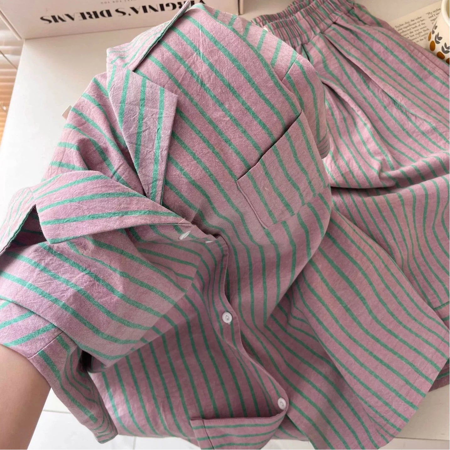 高級感 ストライプ パジャマ レディース 夏 カーディガン 半袖 セット 快適 ゆったり クロスボーダー ルームウェア 大きいサイズ 新作 ID4720