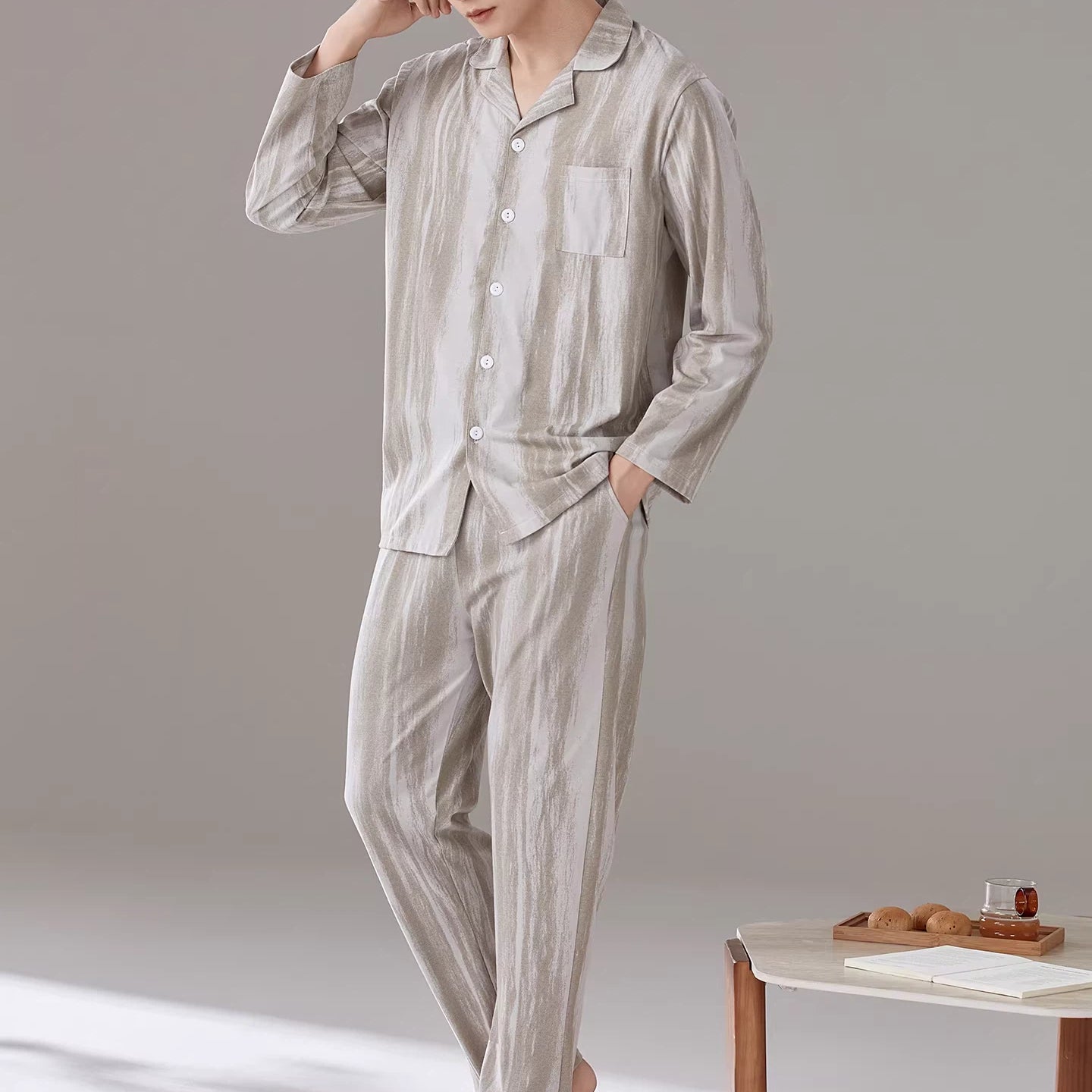 パジャマ メンズ 春秋 綿 長袖 ストライプ シンプル カジュアル ゆったり  ルームウェア 綿 長袖 コットン 上下セット ID4281