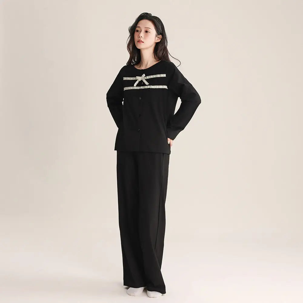 ファッション 女性用 リボン付き セット 春秋 新作 長袖 ルームウェア 外出可能 女性用 カジュアル カーディガン パジャマ シンプル ID2287 ブラック / M