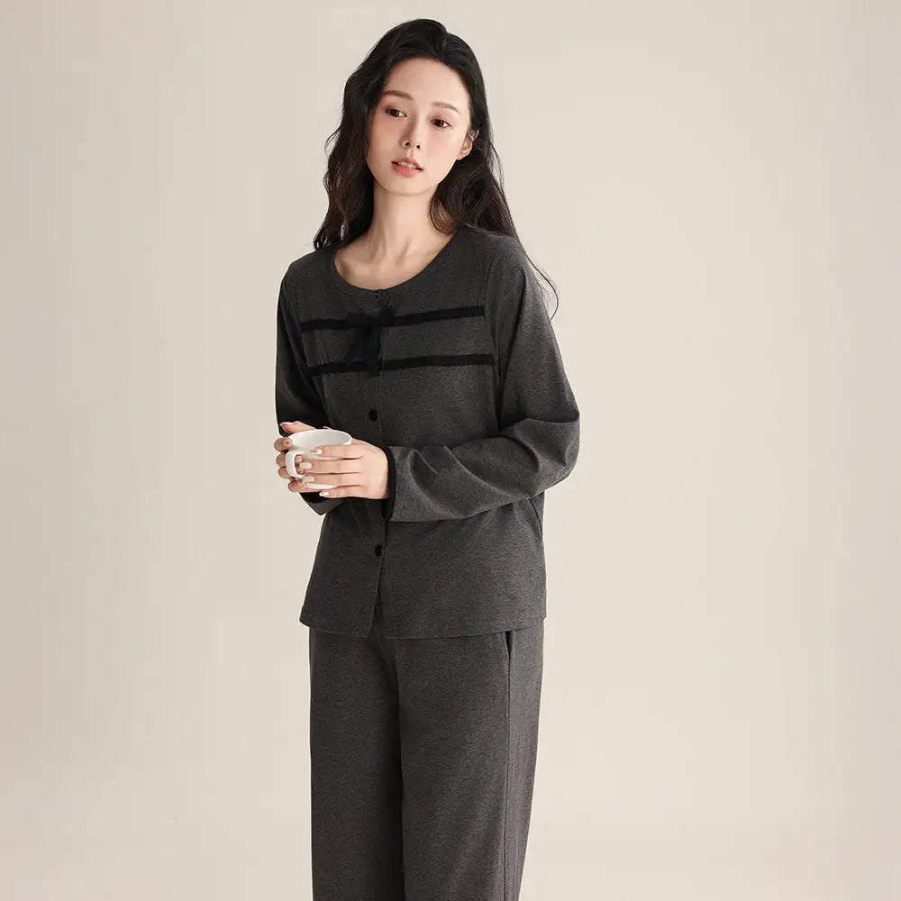 ファッション 女性用 リボン付き セット 春秋 新作 長袖 ルームウェア 外出可能 女性用 カジュアル カーディガン パジャマ シンプル ID2287 グレー / M