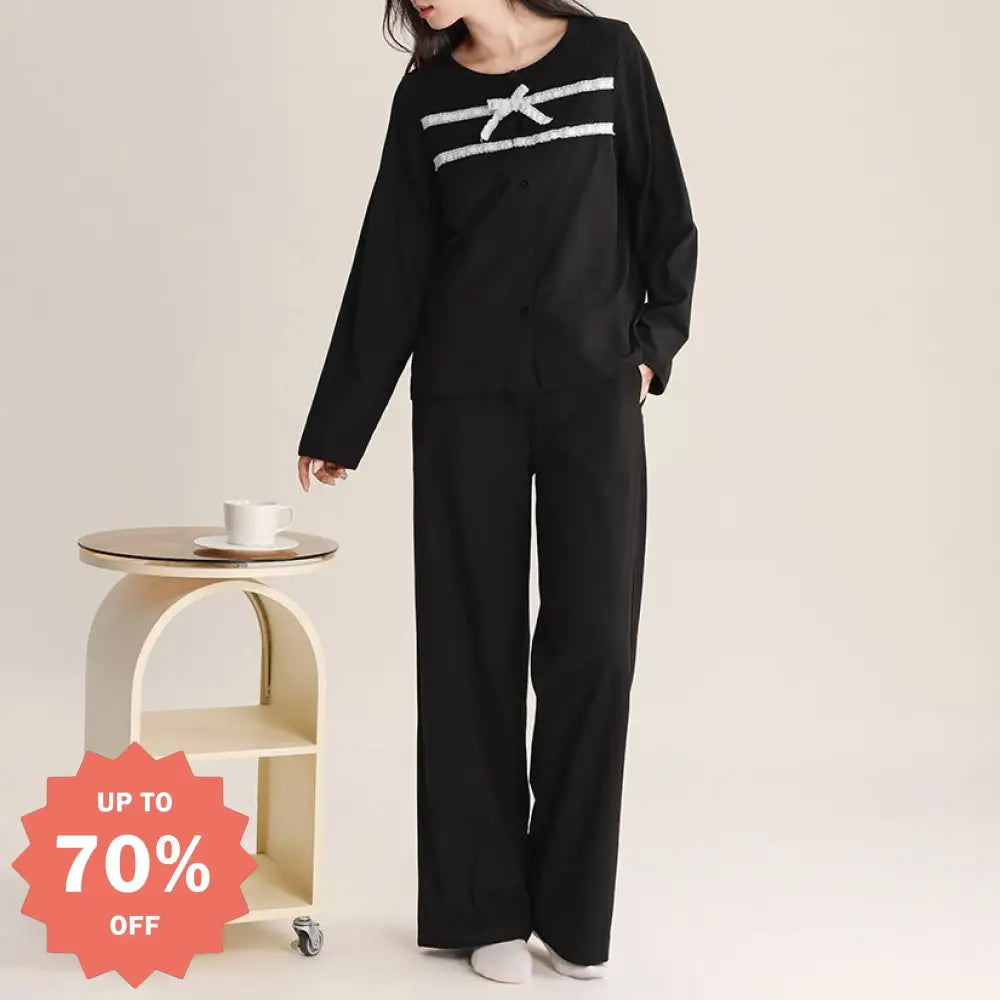 ファッション 女性用 リボン付き セット 春秋 新作 長袖 ルームウェア 外出可能 女性用 カジュアル カーディガン パジャマ シンプル ID2287