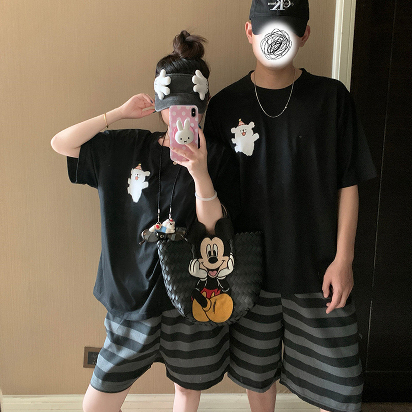 カップル パジャマ レディース 夏 半袖 綿 セット かわいい カートゥーン ミッキー メンズ プルオーバー ルームウェア 肌にやさしい 快適 ゆったり ID4717