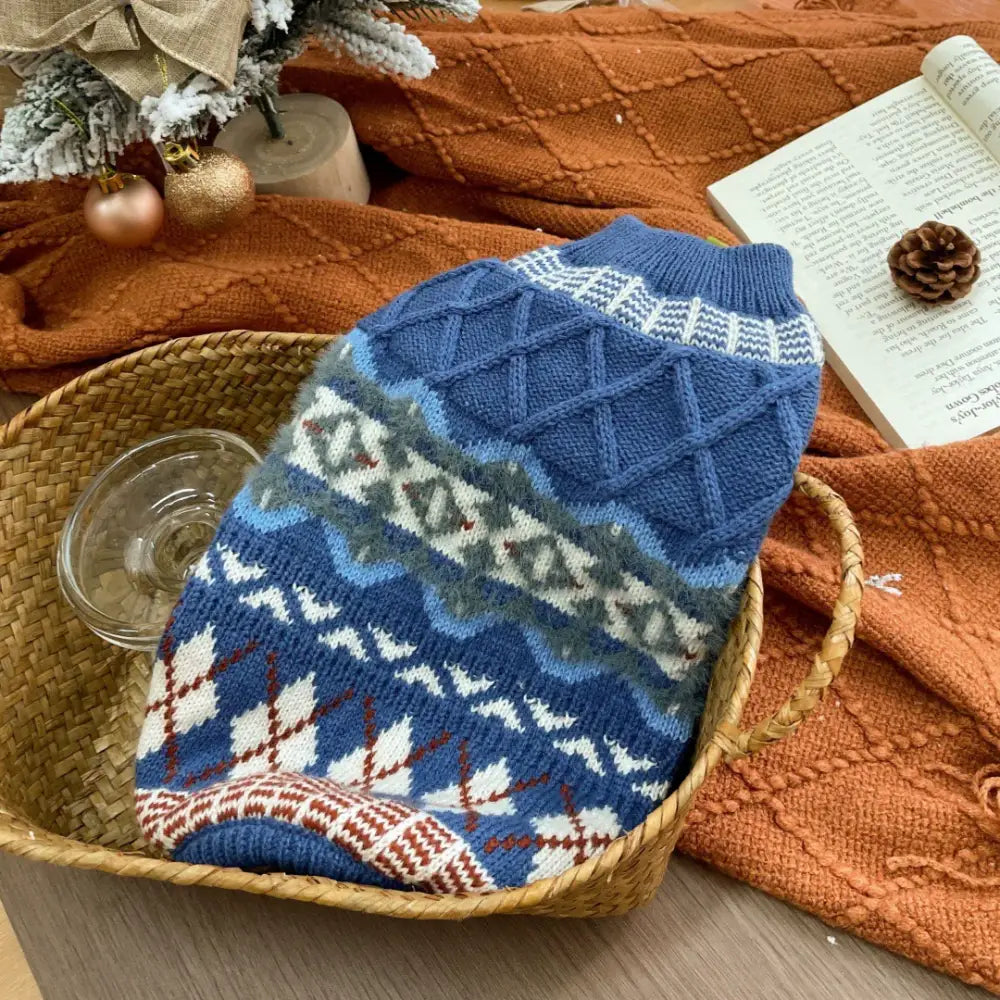 フェアアイルセーター トップス ニット セーター ドッグウェア お散歩 ホリデー ペット服 韓国風 ペット用品 秋冬 あたたかい かわいい ブルー / XS（0.5~1.5KG） ペット用品＞ウェア