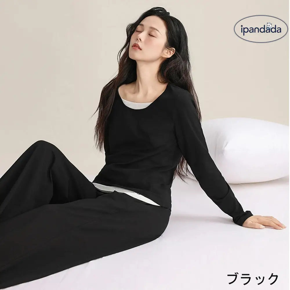 フェイクレイヤード ルームウェア レディース 部屋着 パジャマ 上下セット ナイトウェア ルームウエア 大きいサイズ 秋 春 夏 ワイドパンツ 長ズボン ロングパンツ 20代 30代 ID2063