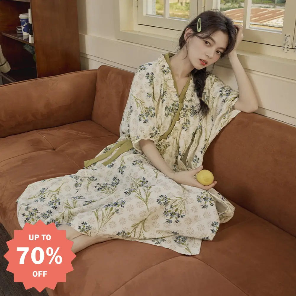ID568 ふんわり ガーゼ 前開き パジャマ ワンピース 夏 半袖 花柄 襟なし かわいい レディース 産前 産後 授乳 ルームサプリ 伸縮性 マタニティ プレゼント レディース＞ワンピース