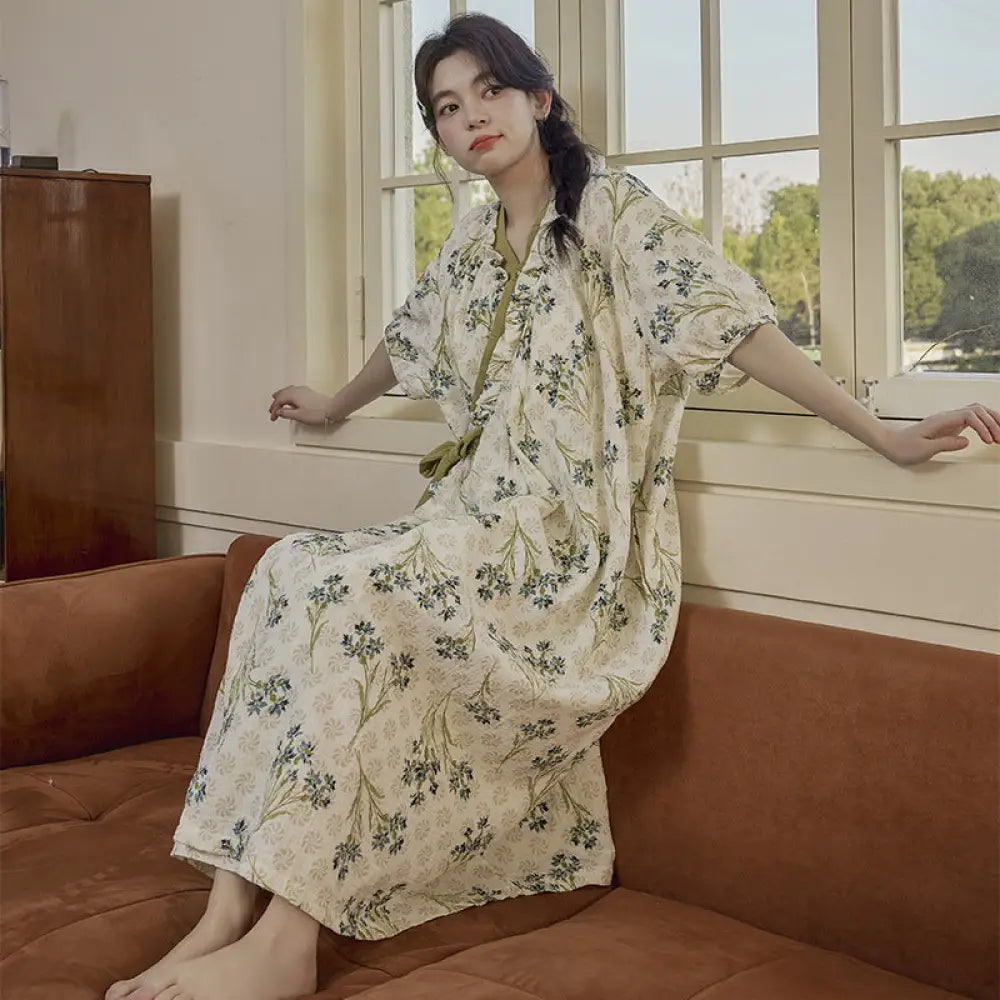 ID568 ふんわり ガーゼ 前開き パジャマ ワンピース 夏 半袖 花柄 襟なし かわいい レディース 産前 産後 授乳 ルームサプリ 伸縮性 マタニティ プレゼント レディース＞ワンピース