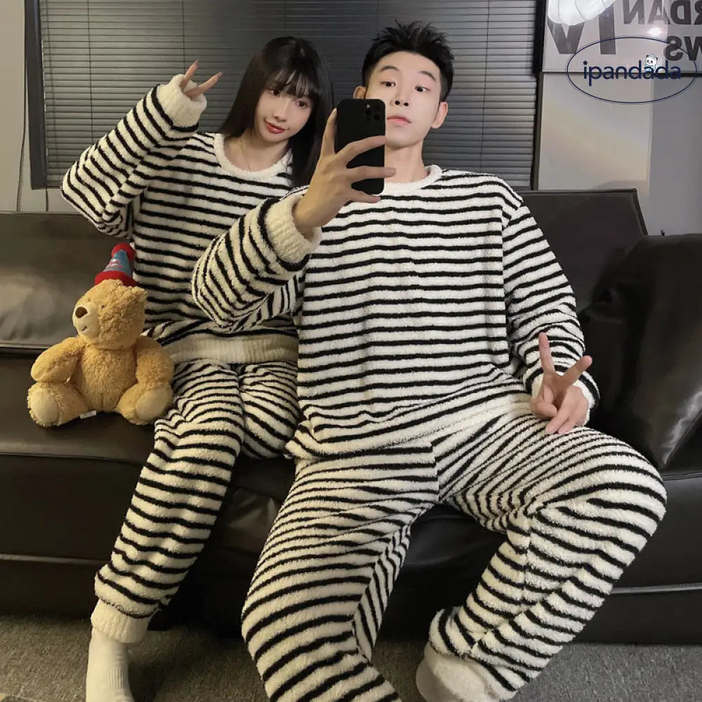 フランネル カップル パジャマ レディース 秋冬 厚手 保温 ストライプ メンズ 大サイズ フリース ホームウェア セットアップ 暖かい 柔らかい 快適 おしゃれ ルームウェア 自宅用 ID3009 コーディネート＞ペアルック