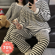 フランネル カップル パジャマ レディース 秋冬 厚手 保温 ストライプ メンズ 大サイズ フリース ホームウェア セットアップ 暖かい 柔らかい 快適 おしゃれ ルームウェア 自宅用 ID3009 ベージュ / M