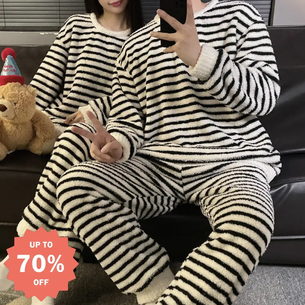 フランネル カップル パジャマ レディース 秋冬 厚手 保温 ストライプ メンズ 大サイズ フリース ホームウェア セットアップ 暖かい 柔らかい 快適 おしゃれ ルームウェア 自宅用 ID3009 ベージュ / M