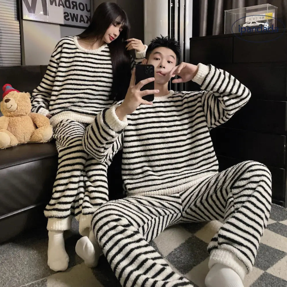 フランネル カップル パジャマ レディース 秋冬 厚手 保温 ストライプ メンズ 大サイズ フリース ホームウェア セットアップ 暖かい 柔らかい 快適 おしゃれ ルームウェア 自宅用 ID3009 コーディネート＞ペアルック