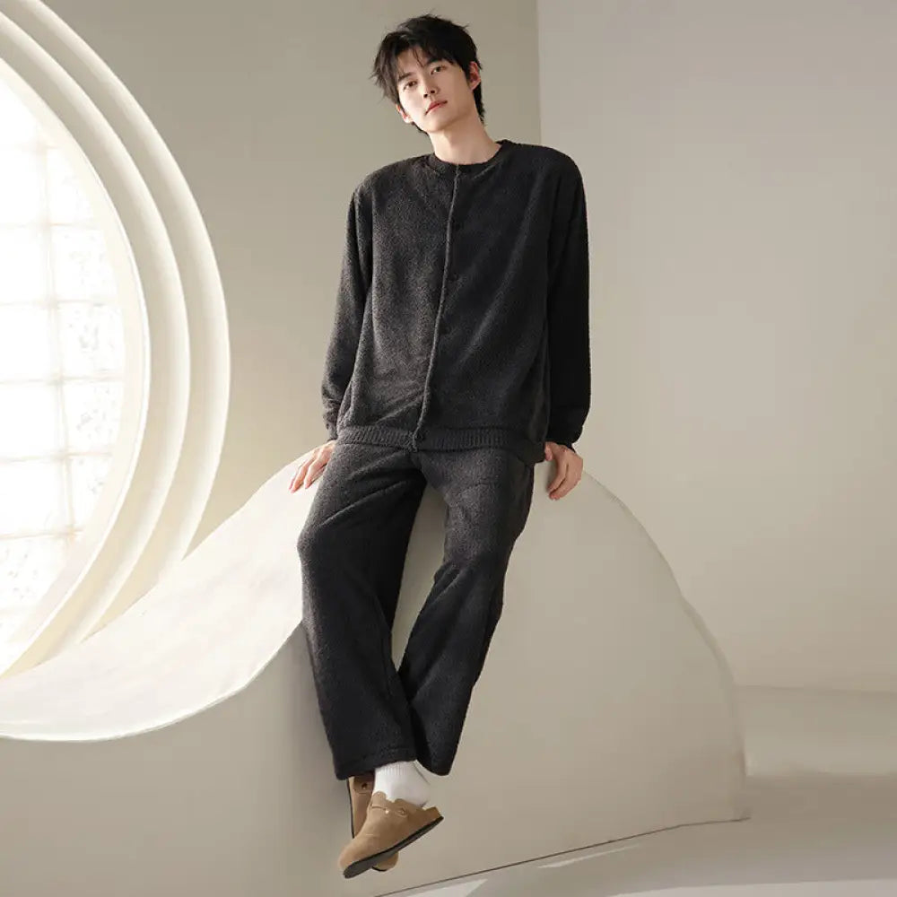 フランネル メンズ パジャマ 秋冬 フリース 厚手 保温 男性用 ルームウェア セット ID3268 ブラック / L
