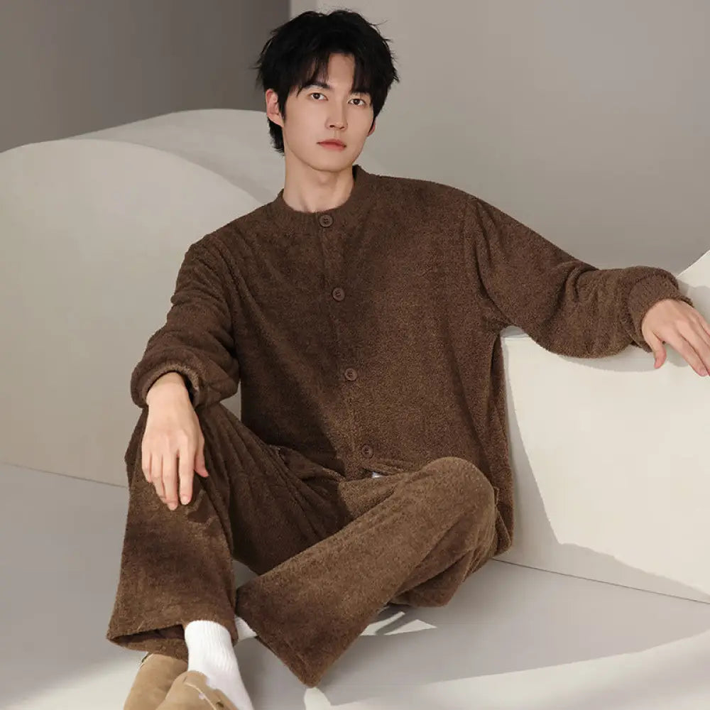 フランネル メンズ パジャマ 秋冬 フリース 厚手 保温 男性用 ルームウェア セット ID3268 ブラウン / L