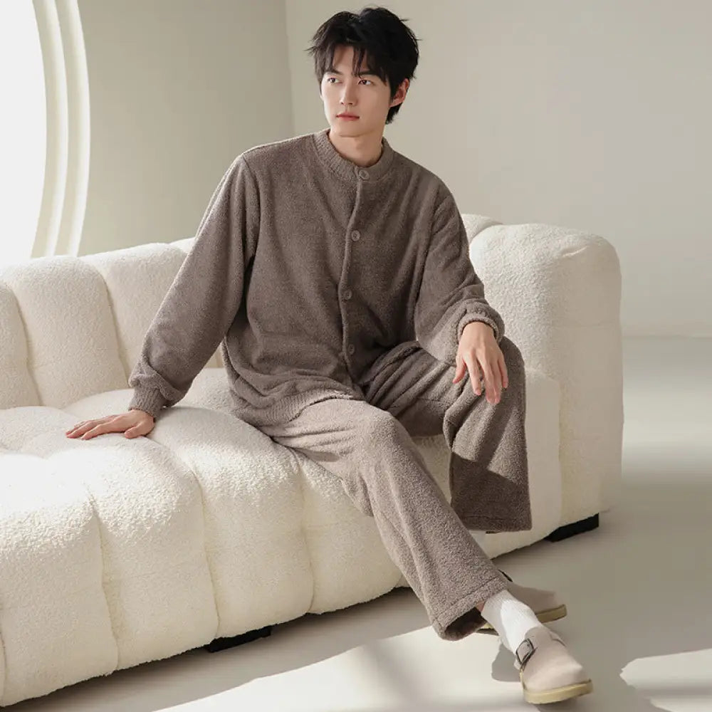 フランネル メンズ パジャマ 秋冬 フリース 厚手 保温 男性用 ルームウェア セット ID3268 グレー / L