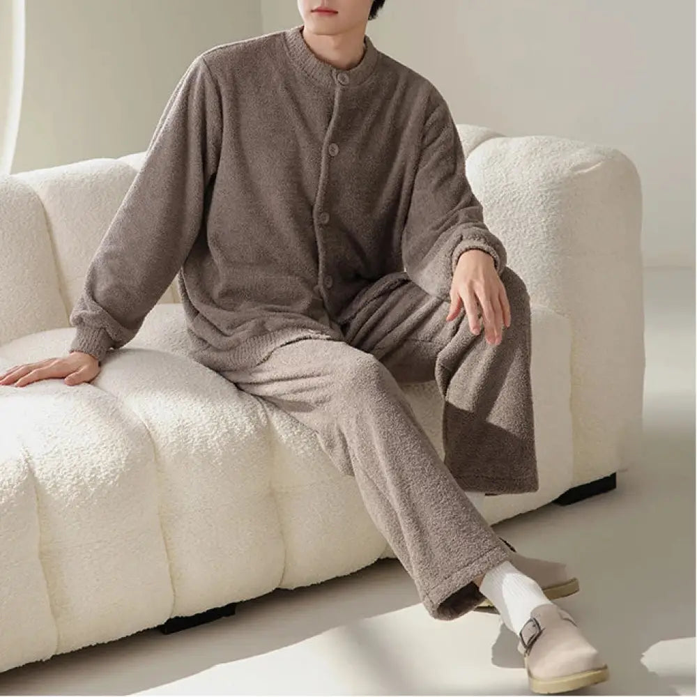 フランネル メンズ パジャマ 秋冬 フリース 厚手 保温 男性用 ルームウェア セット ID3268