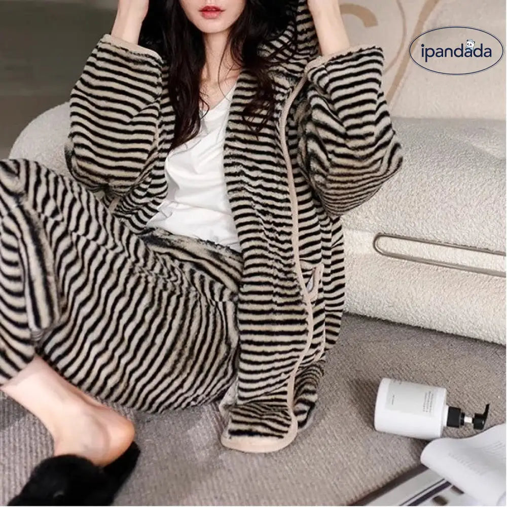 フランネル パジャマ セット 冬用 厚手 ストライプ フード付き ルームウェア 保温 大きいサイズ 女子 部屋着 ID3974