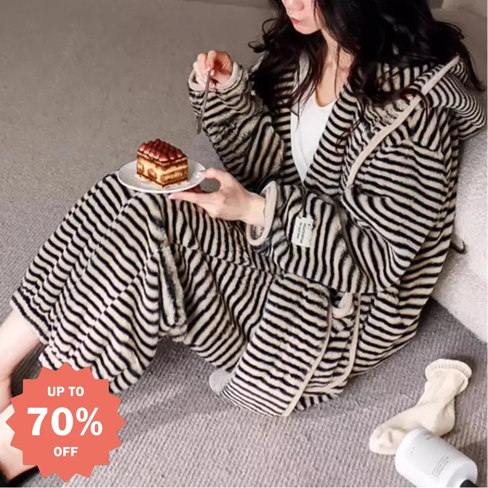 フランネル パジャマ セット 冬用 厚手 ストライプ フード付き ルームウェア 保温 大きいサイズ 女子 部屋着 ID3974 写真通り / M