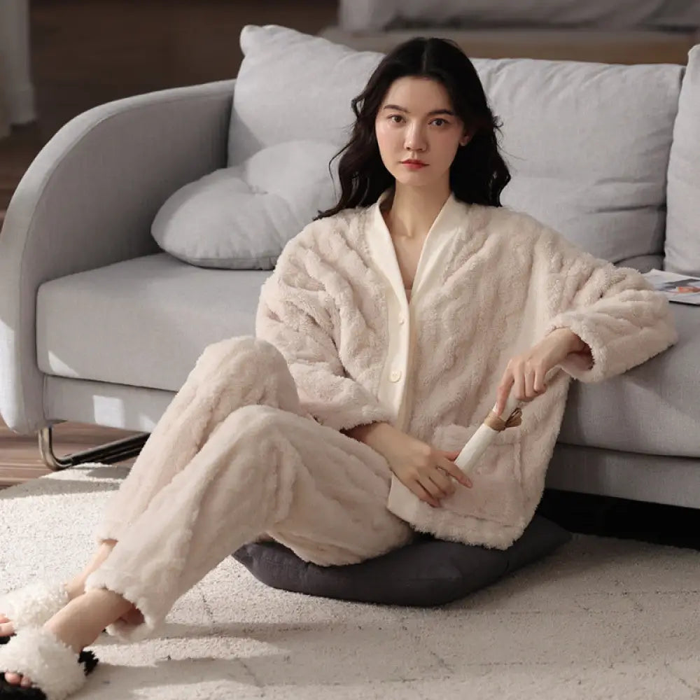 フランネル ペアルック パジャマ 冬用 大きいサイズ コーラルフリース ルームウェア セットアップ ID3827 女性 ベージュ / M