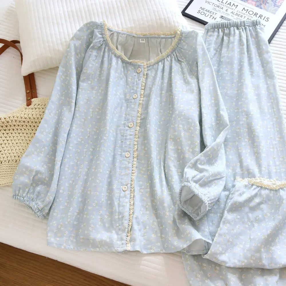フラワープリント パジャマ レディース ガーゼ ラウンドネック カーディガン 春秋 ホームウェア セット ID4134 ブルー / M