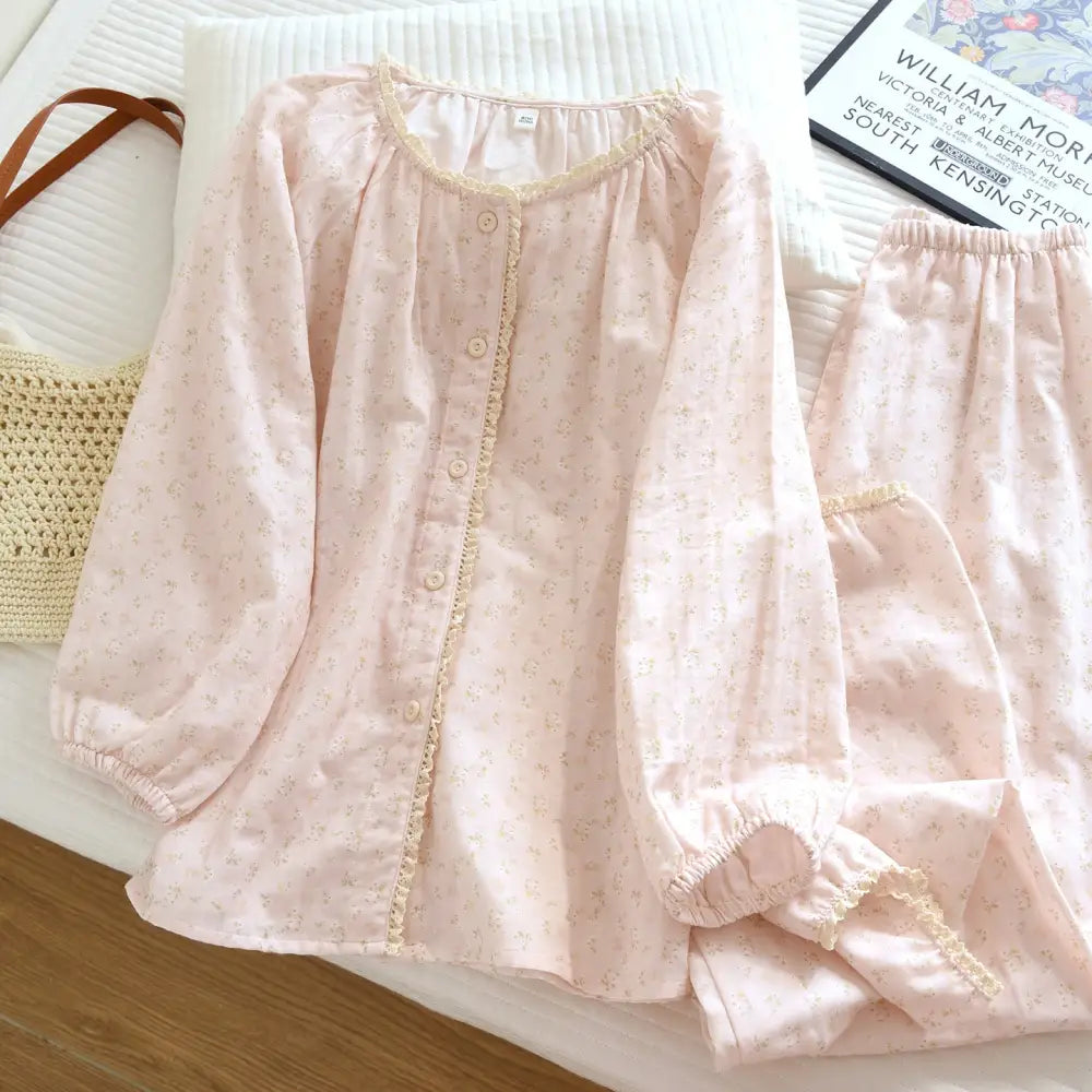 フラワープリント パジャマ レディース ガーゼ ラウンドネック カーディガン 春秋 ホームウェア セット ID4134 ピンク / M