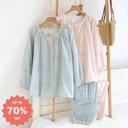 フラワープリント パジャマ レディース ガーゼ ラウンドネック カーディガン 春秋 ホームウェア セット ID4134