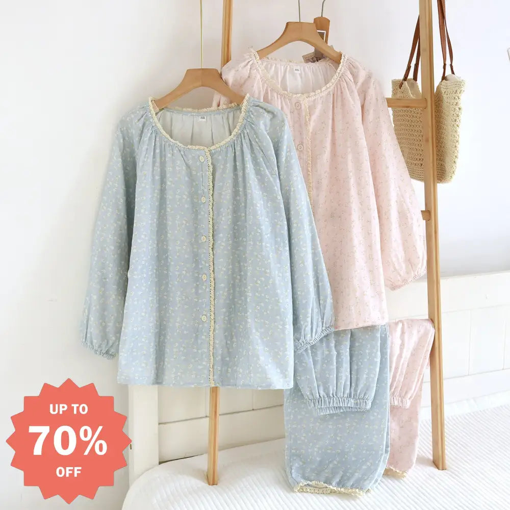 フラワープリント パジャマ レディース ガーゼ ラウンドネック カーディガン 春秋 ホームウェア セット ID4134