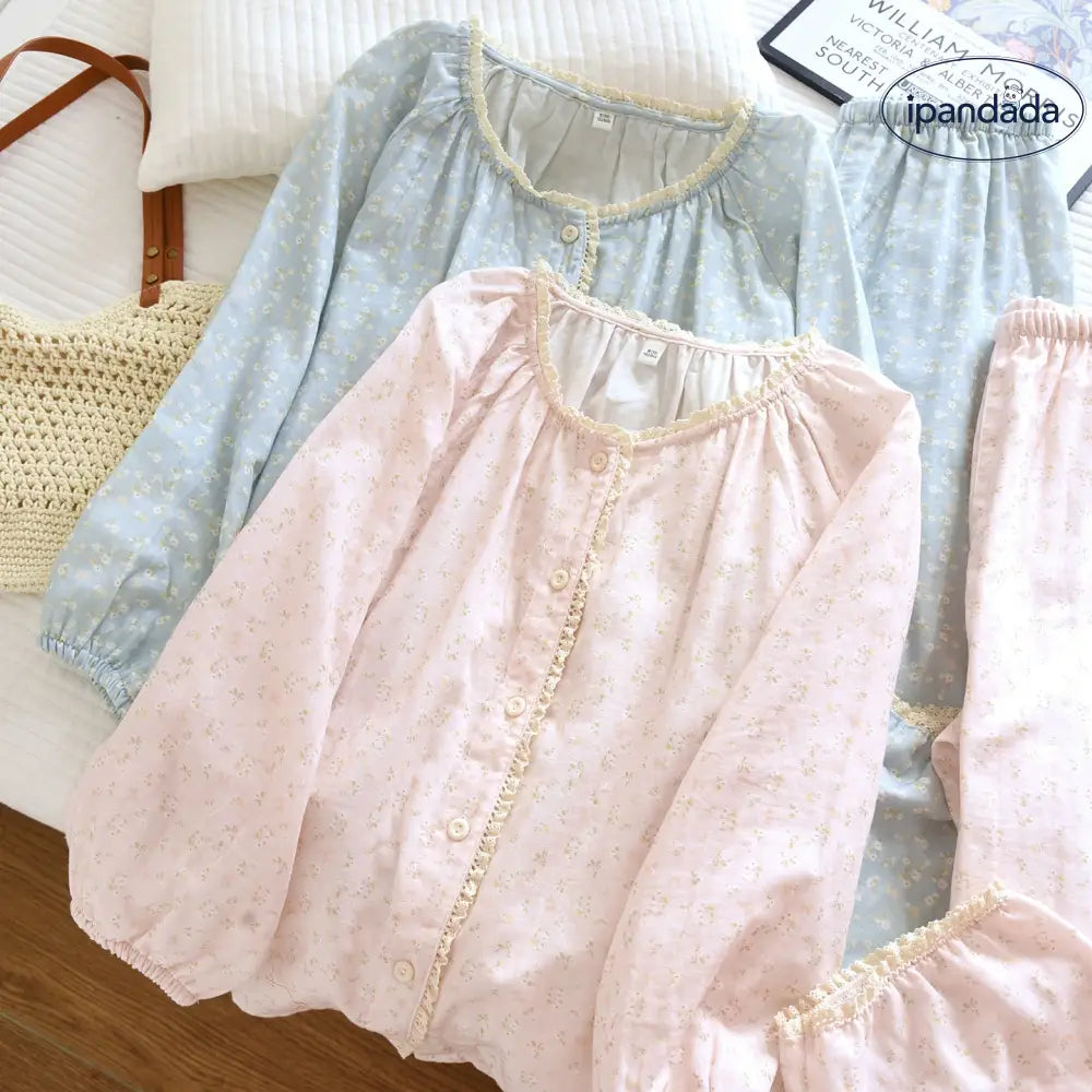 フラワープリント パジャマ レディース ガーゼ ラウンドネック カーディガン 春秋 ホームウェア セット ID4134