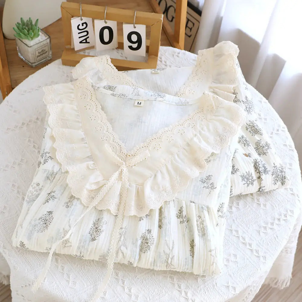 ID1048 フレンチ風 綿100% ガーゼ ナイトドレス レディース 夏用 レース付き ロング丈 ゆったりサイズ かわいい ルームウェア レディース＞ワンピース