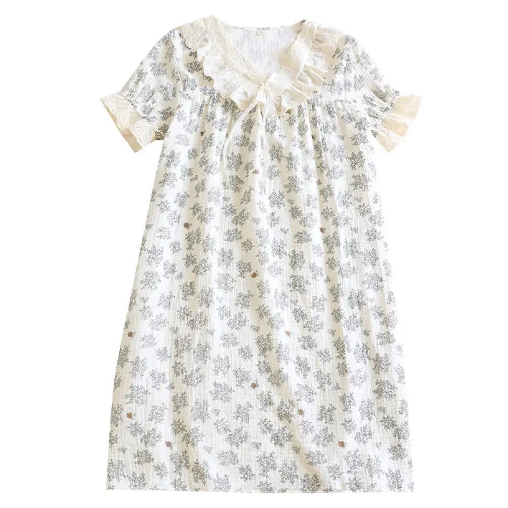 ID1048 フレンチ風 綿100% ガーゼ ナイトドレス レディース 夏用 レース付き ロング丈 ゆったりサイズ かわいい ルームウェア レディース＞ワンピース