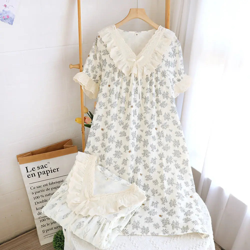 ID1048 フレンチ風 綿100% ガーゼ ナイトドレス レディース 夏用 レース付き ロング丈 ゆったりサイズ かわいい ルームウェア 写真通り① / M レディース＞ワンピース