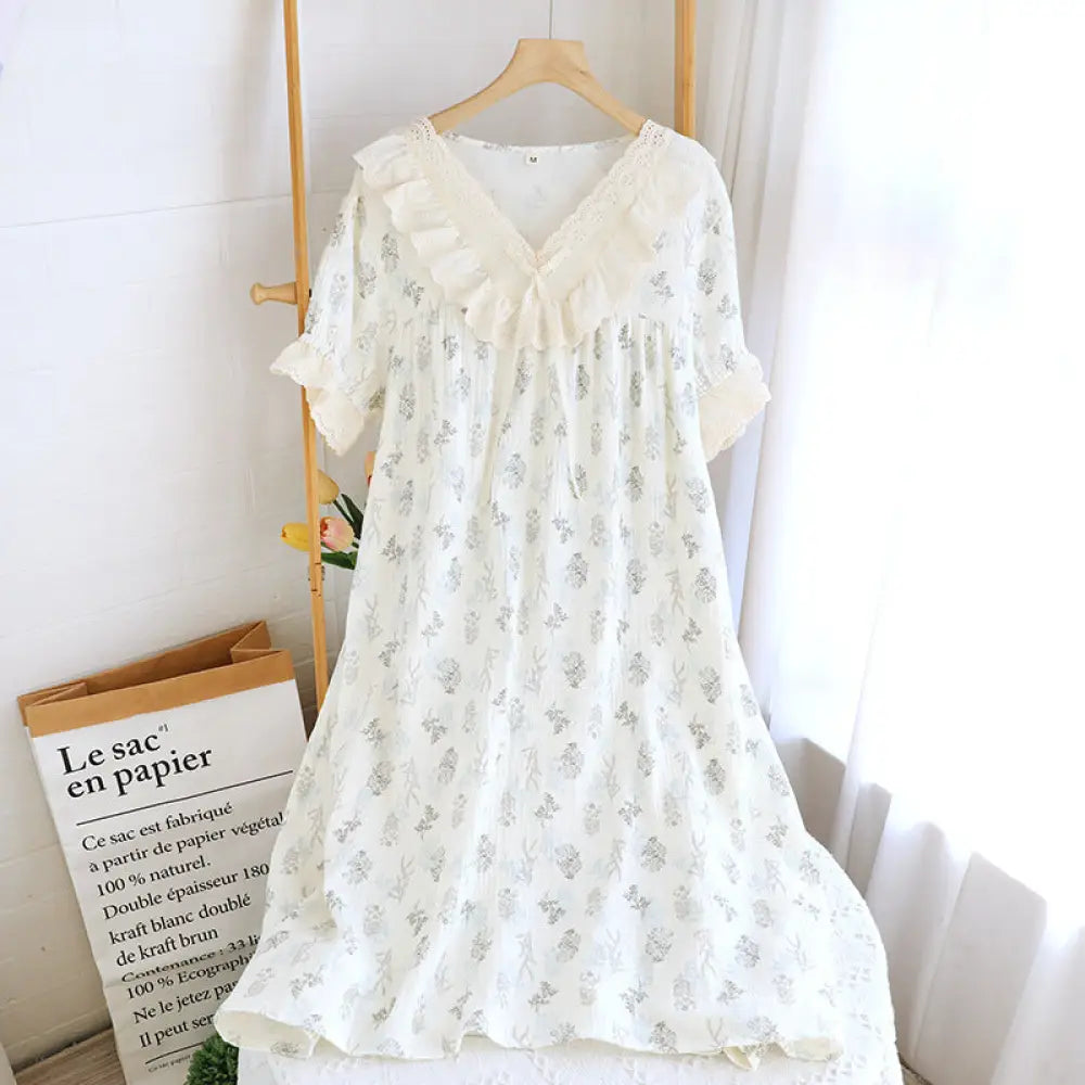 ID1048 フレンチ風 綿100% ガーゼ ナイトドレス レディース 夏用 レース付き ロング丈 ゆったりサイズ かわいい ルームウェア 写真通り② / M レディース＞ワンピース