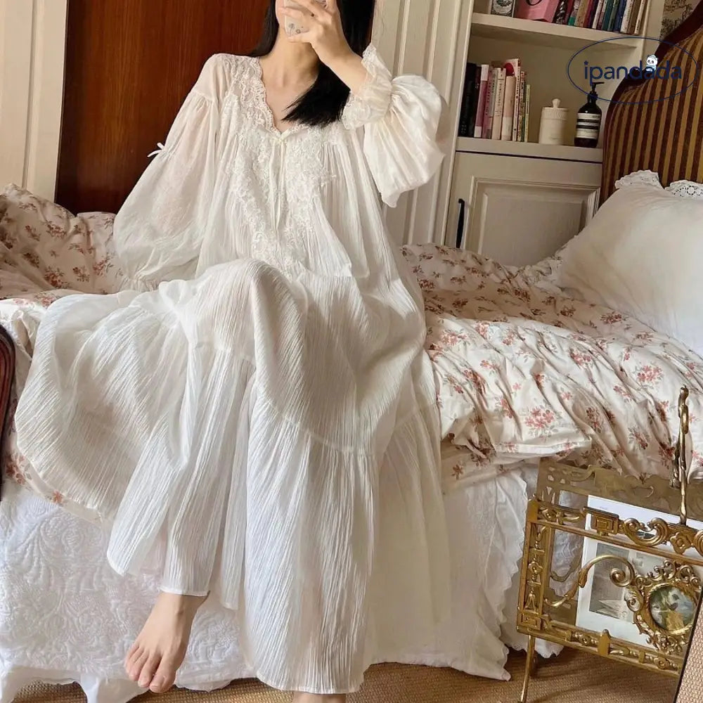 フレンチ 宮廷風 ワンピース パジャマ 長袖 レース 花柄 プリンセス 部屋着 女性用 上品 夏 秋 ゆったり け感防止 ID1894