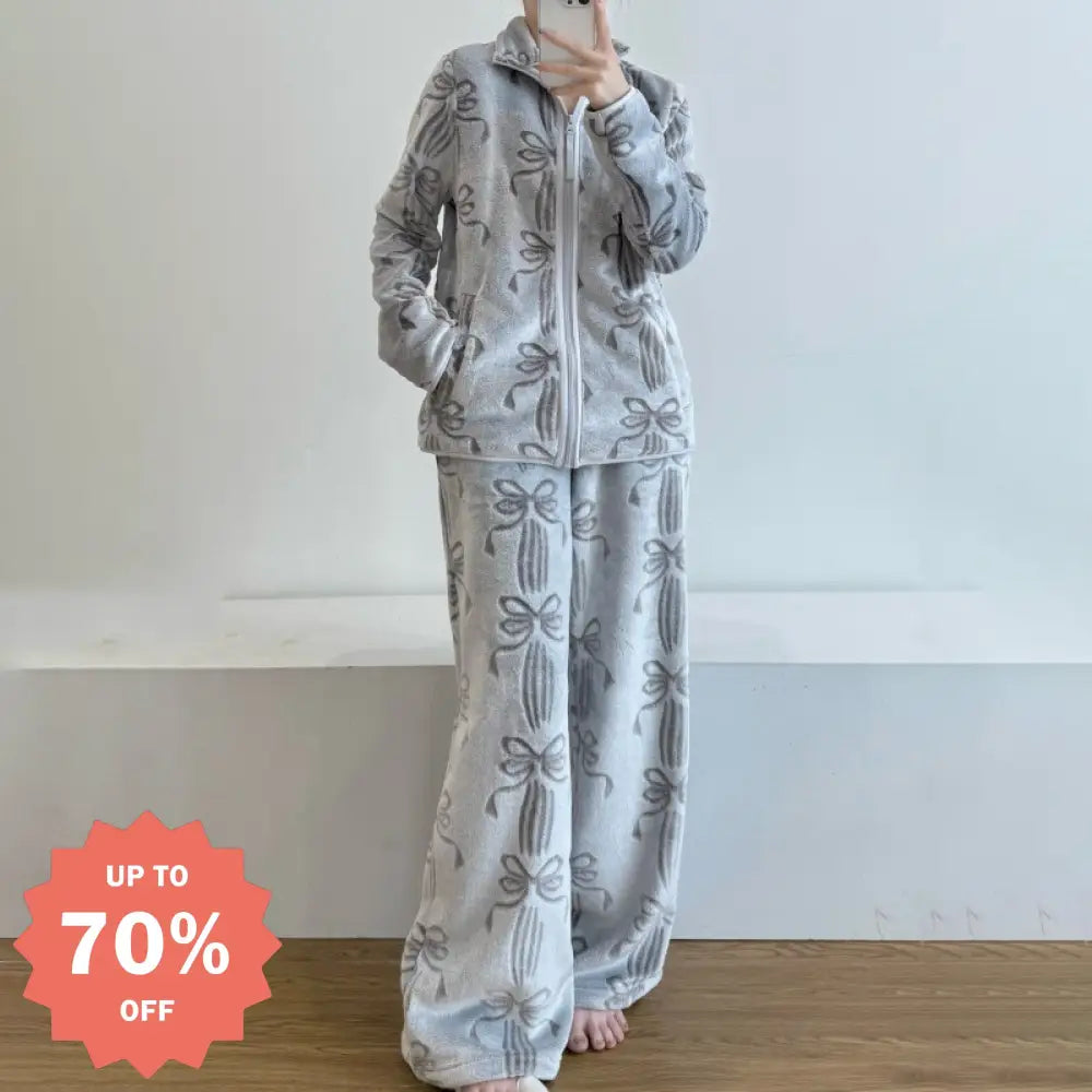 フレンチ レトロ リボン スタンドカラー 珊瑚フリース パジャマ レディース 冬 新作 フリース裏起毛 保温 ホームウェア セットアップ 外出可 暖かい 柔らかい 快適 おしゃれ ルームウェア ID3186 レディース＞セットアップ