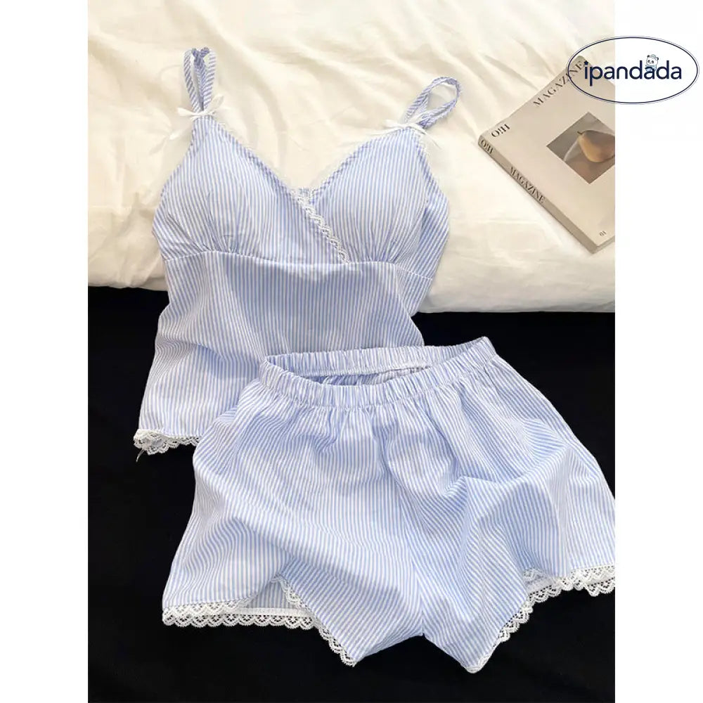 ID1644 フレンチエレガンス レース ストライプ ノースリーブ パジャマセット レディース 夏 ブルー タンクトップ ショートパンツ ルームウェア 上品 涼感 通気性 外出着可