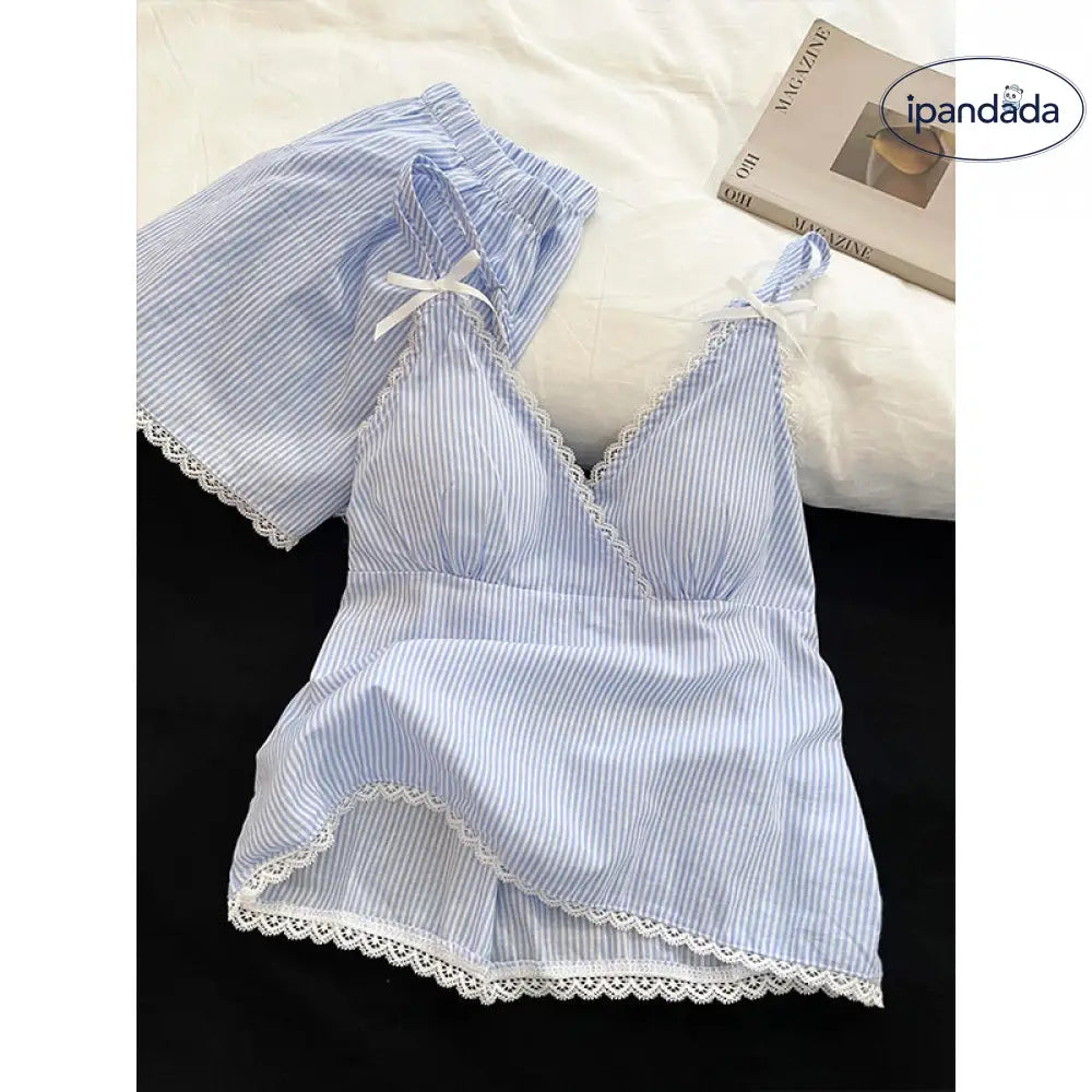 ID1644 フレンチエレガンス レース ストライプ ノースリーブ パジャマセット レディース 夏 ブルー タンクトップ ショートパンツ ルームウェア 上品 涼感 通気性 外出着可