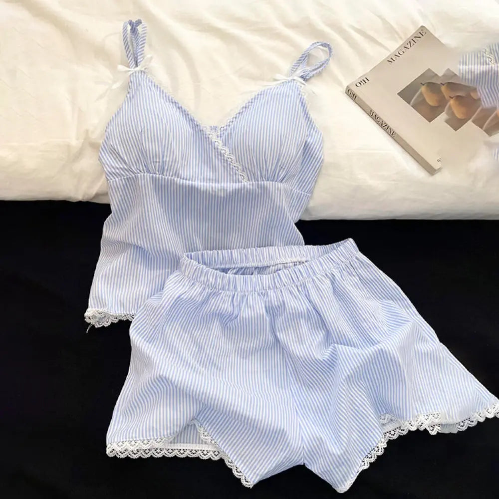 ID1644 フレンチエレガンス レース ストライプ ノースリーブ パジャマセット レディース 夏 ブルー タンクトップ ショートパンツ ルームウェア 上品 涼感 通気性 外出着可