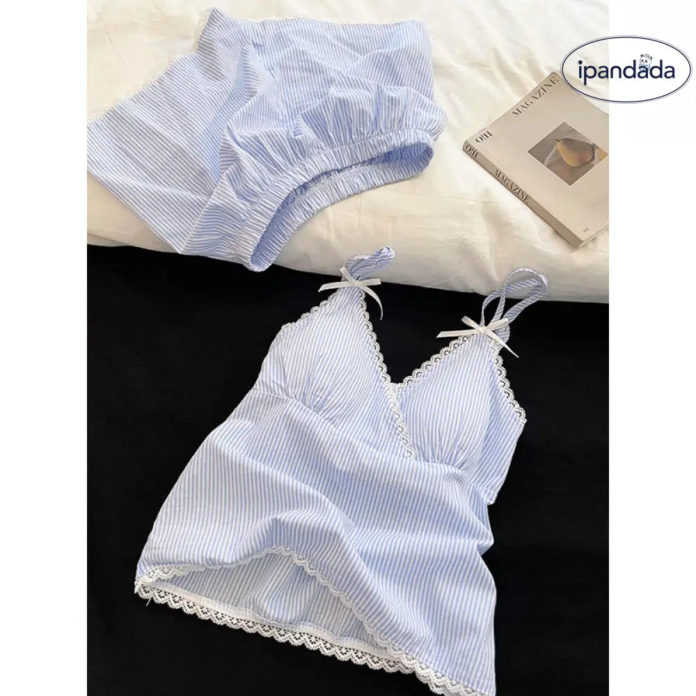 ID1644 フレンチエレガンス レース ストライプ ノースリーブ パジャマセット レディース 夏 ブルー タンクトップ ショートパンツ ルームウェア 上品 涼感 通気性 外出着可