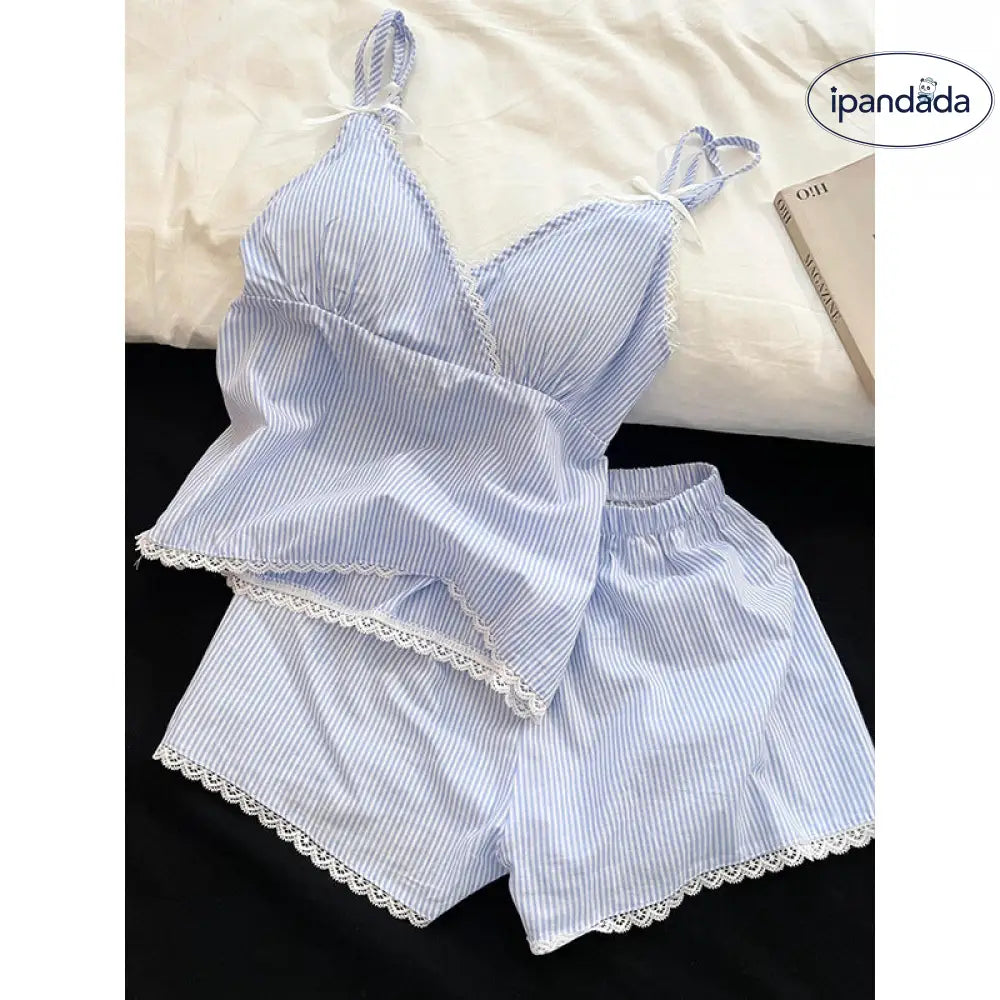 ID1644 フレンチエレガンス レース ストライプ ノースリーブ パジャマセット レディース 夏 ブルー タンクトップ ショートパンツ ルームウェア 上品 涼感 通気性 外出着可