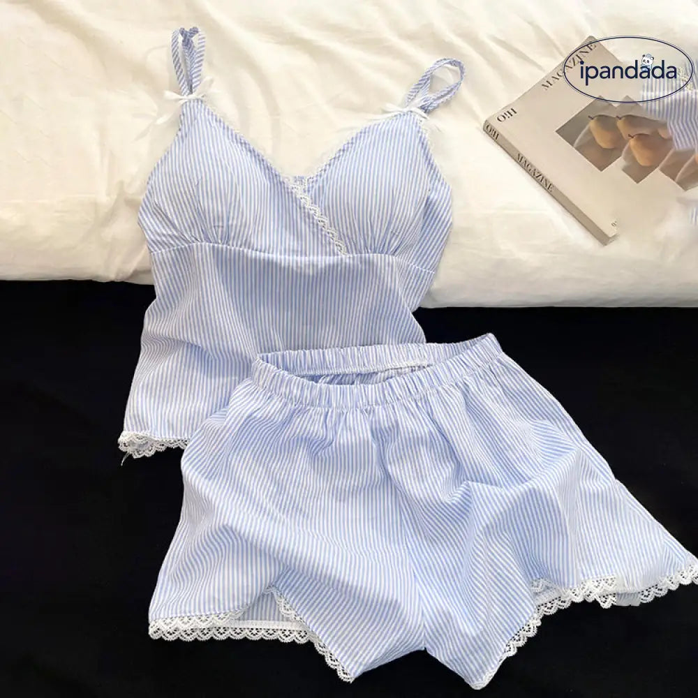 ID1644 フレンチエレガンス レース ストライプ ノースリーブ パジャマセット レディース 夏 ブルー タンクトップ ショートパンツ ルームウェア 上品 涼感 通気性 外出着可 写真通り（2点セット） / S レディース＞セットアップ