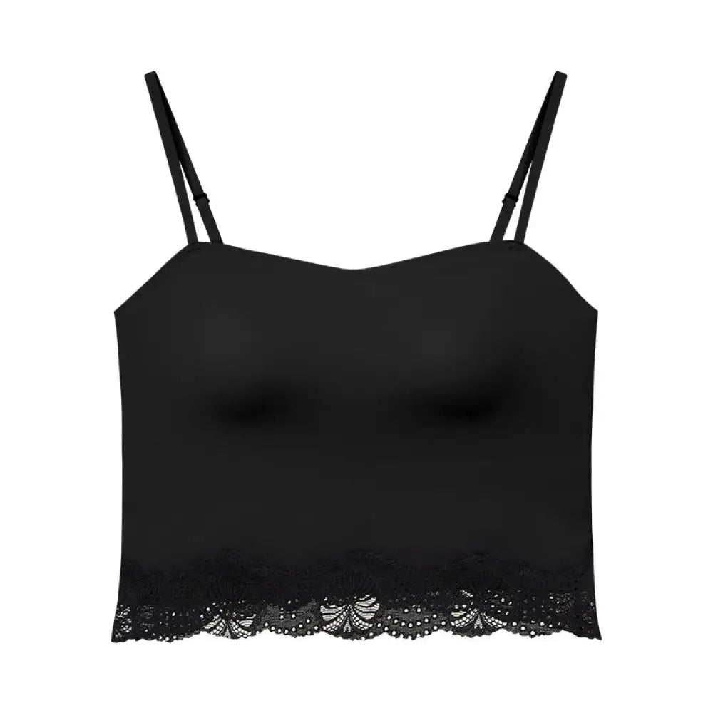 ID1075 フレンチレース タンクトップ 胸当て付き アイスシルク 透け感美背中デザイン ノーワイヤー インナー兼用 ブラック / レディースF レディース＞インナー