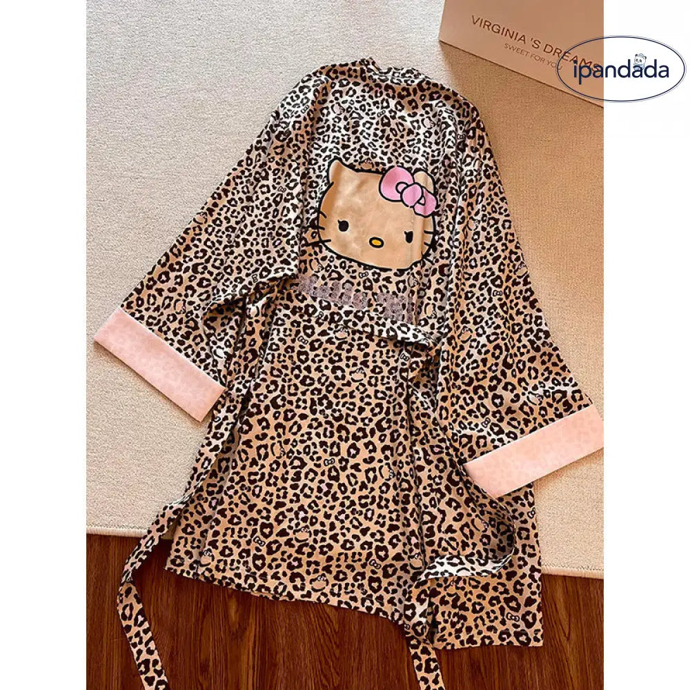 フレンチセクシー ヒョウ柄 キティプリント ガウン レディース 初秋モデル 体型にフィットした 大きいサイズ カーディガン ホームウェア バスローブ パジャマ ID2182