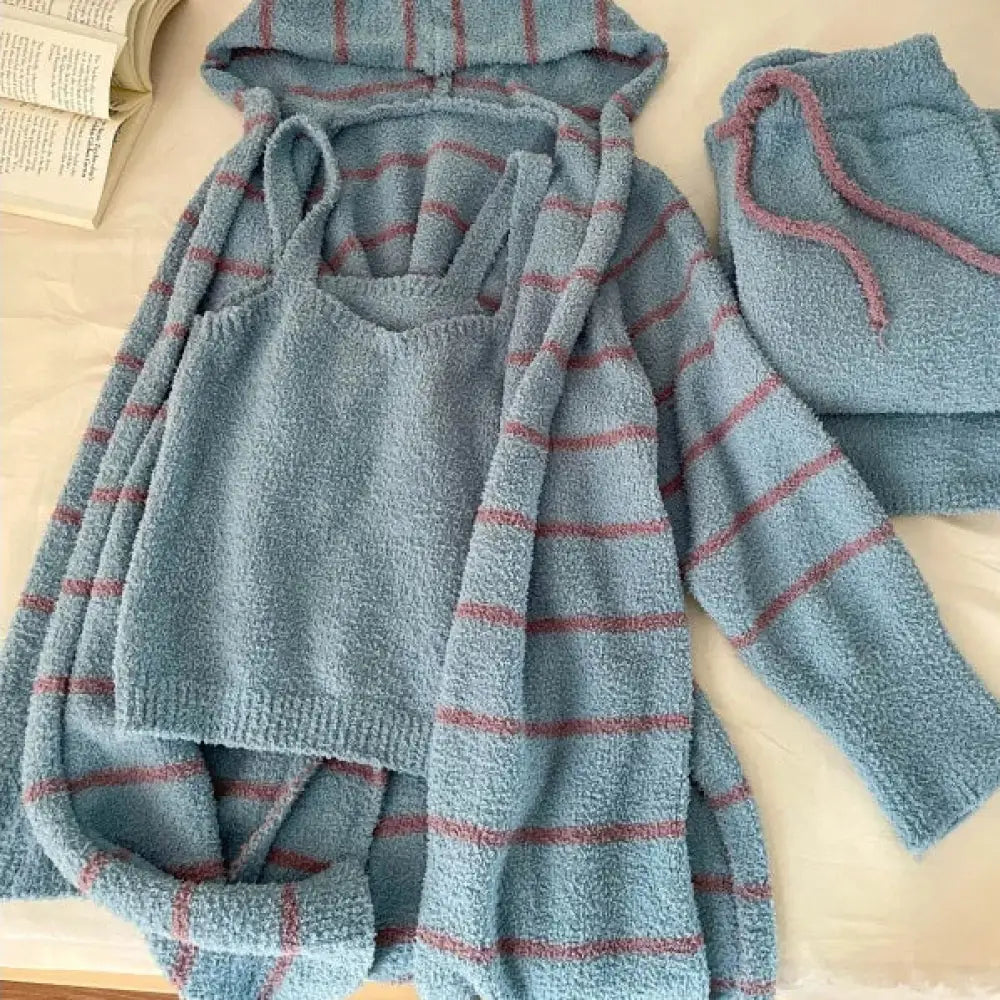 フレンチスタイル フード付き ニット パジャマ レディース 冬 フリース 大きいサイズ ルームウェア 3点セット クリスマス ギフト ID3239 写真通り / S レディース＞セットアップ