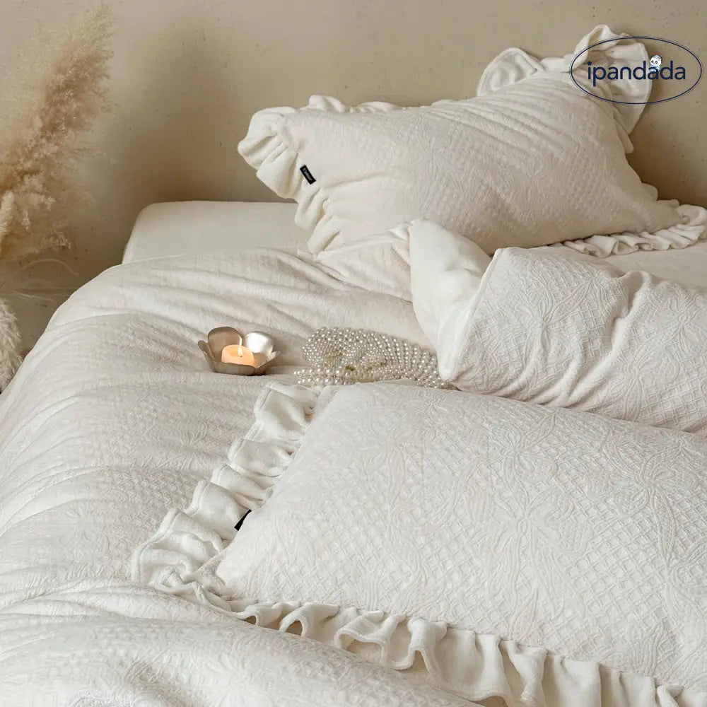 フリル付き ミルクフリース 4点セット 立体彫刻 フラワー柄 プリンセス ベッド用品 ID3279