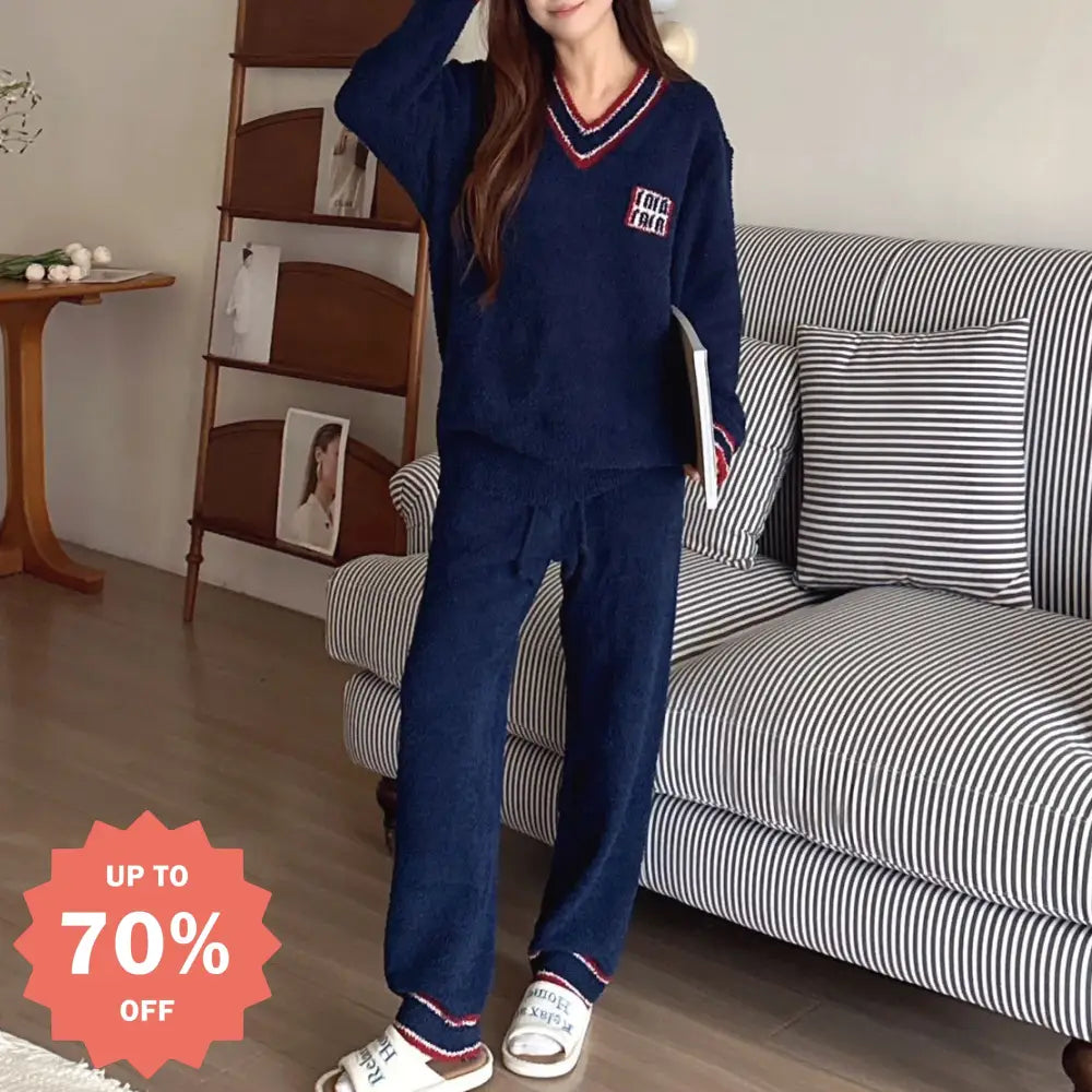 フリース 冬用 パジャマセット Vネック アカデミックスタイル 保温 ゆったり ソフト 厚手 フリース ルームウェア 秋冬用 ID3941