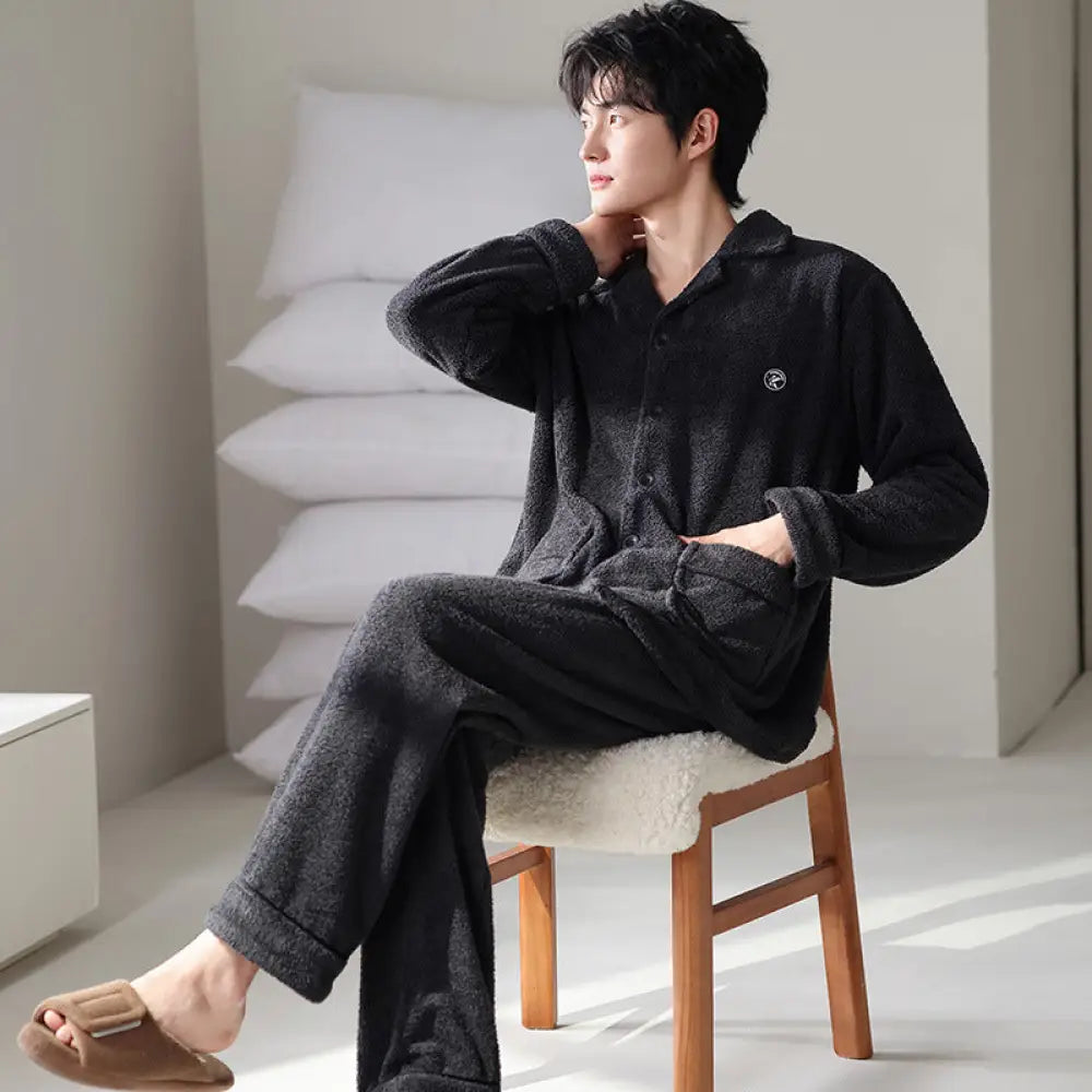 フリース ふわふわ もこもこ男性 パジャマ 秋冬 フリース 加厚 保温 男性用 ルームウェア セット ID2937 ブラック / L