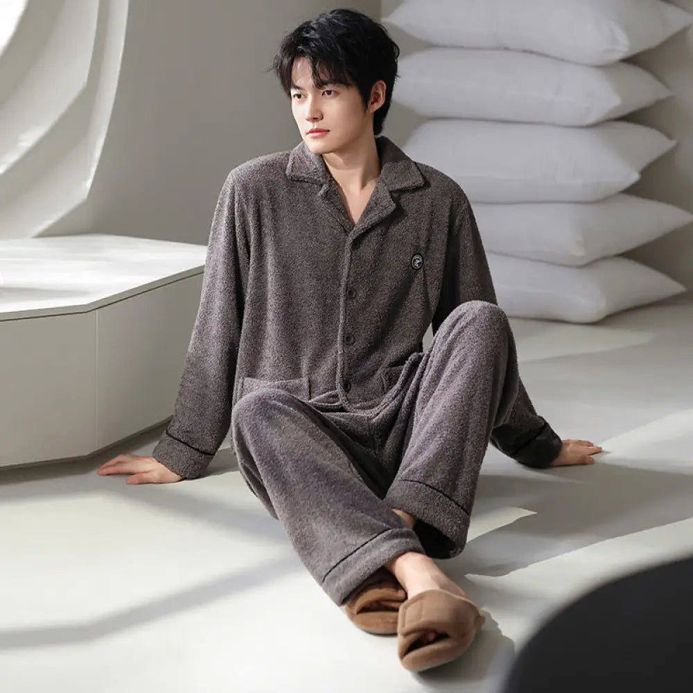 フリース ふわふわ もこもこ男性 パジャマ 秋冬 フリース 加厚 保温 男性用 ルームウェア セット ID2937 ダークグレー / L