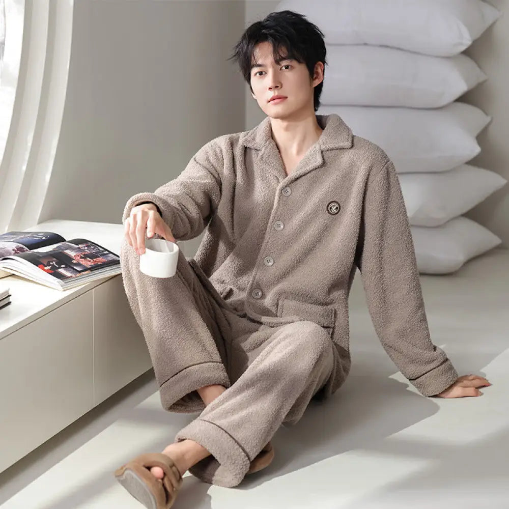 フリース ふわふわ もこもこ男性 パジャマ 秋冬 フリース 加厚 保温 男性用 ルームウェア セット ID2937 グレー / L