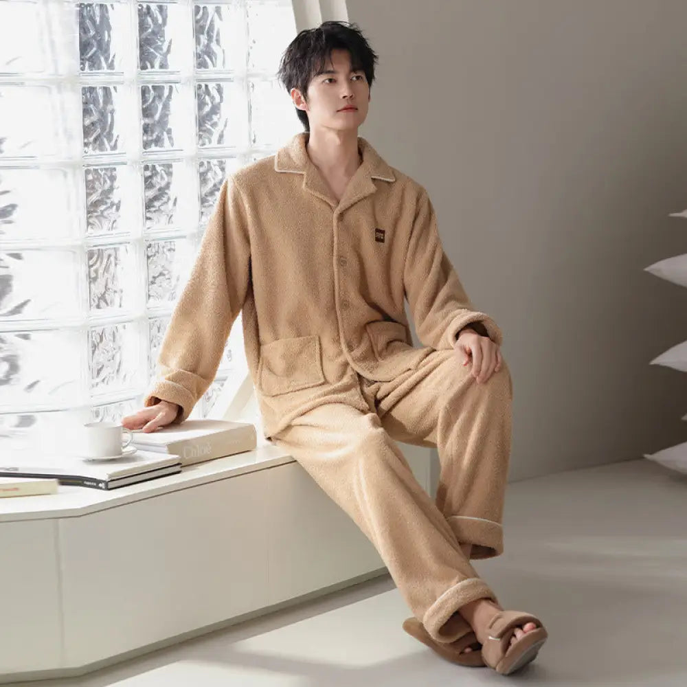 フリース ふわふわ もこもこ男性 パジャマ 秋冬 フリース 加厚 保温 男性用 ルームウェア セット ID2937 イエロー / L