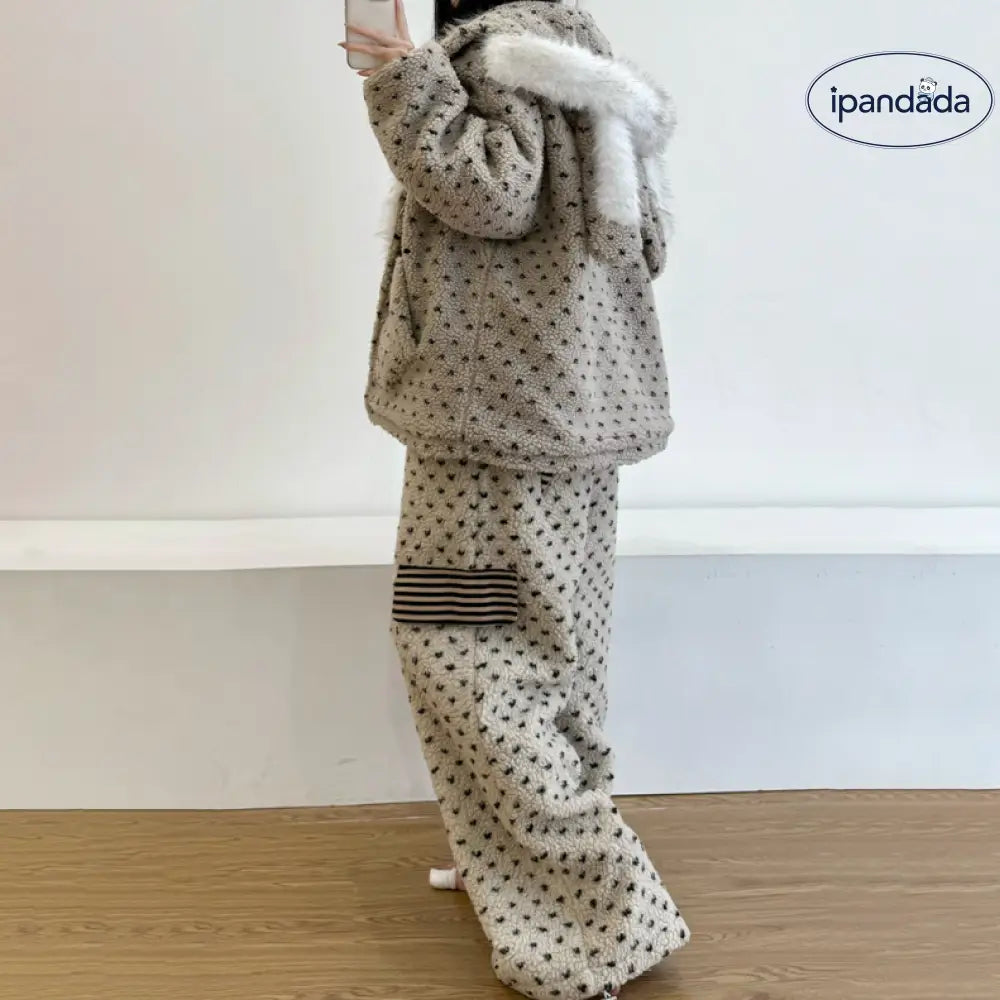 フリース ハート ドット うさぎ耳 フード付き サンゴフリース パジャマ レディース 冬 保温 ゆったり ルームウェアセット ID3628