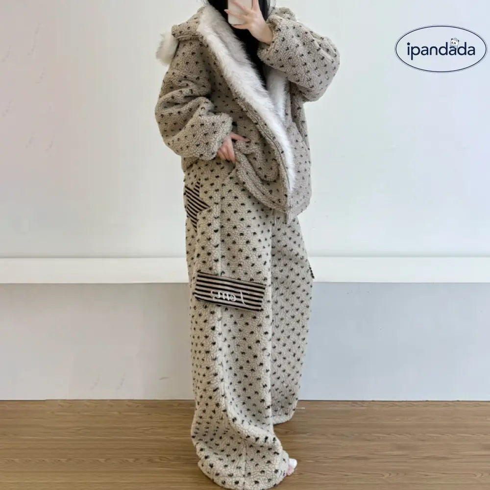 フリース ハート ドット うさぎ耳 フード付き サンゴフリース パジャマ レディース 冬 保温 ゆったり ルームウェアセット ID3628