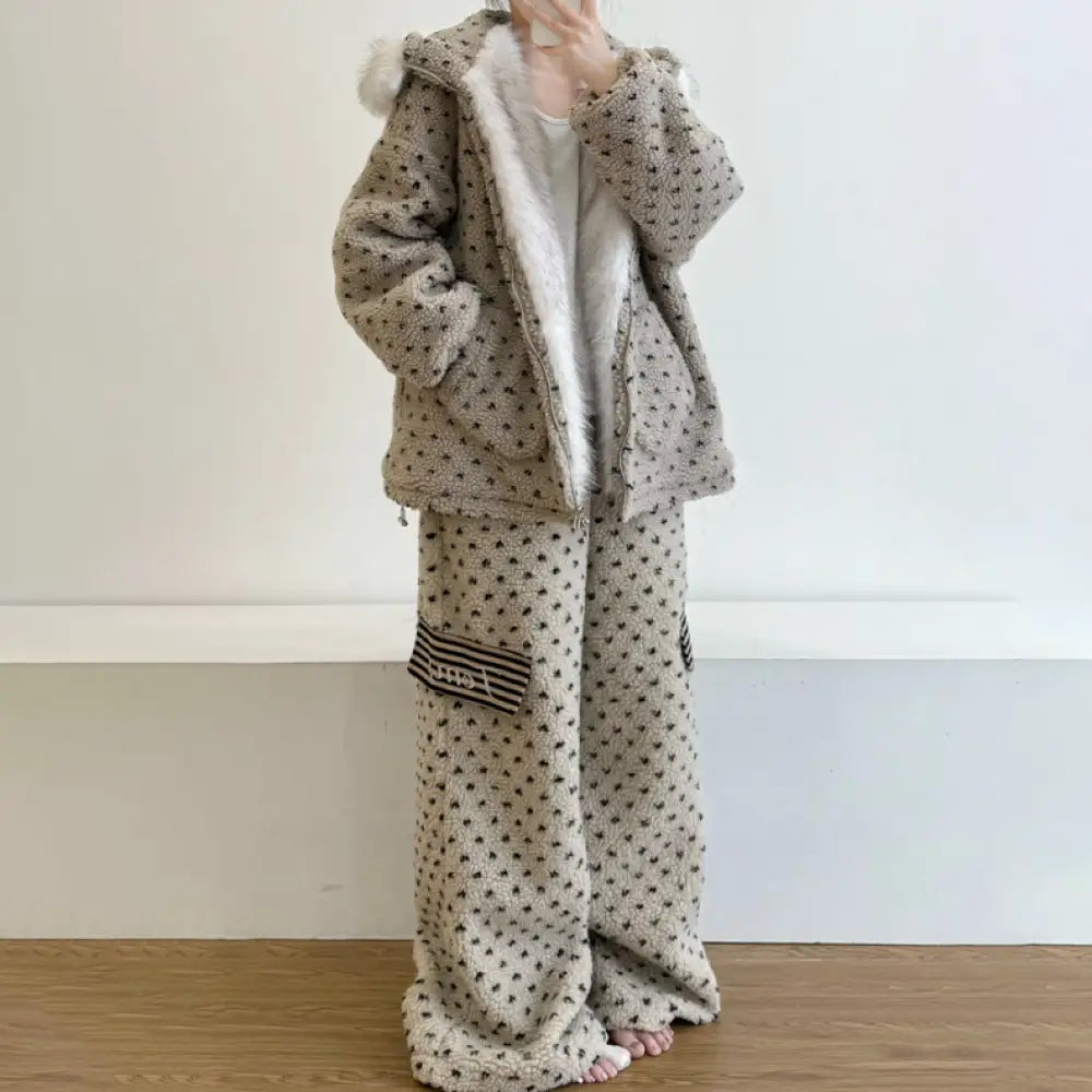 フリース ハート ドット うさぎ耳 フード付き サンゴフリース パジャマ レディース 冬 保温 ゆったり ルームウェアセット ID3628 写真通り / S